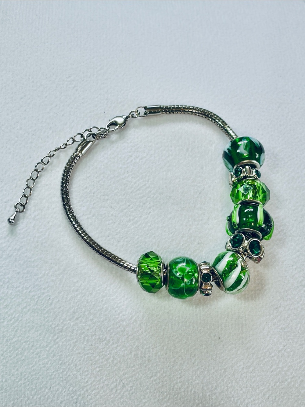 Silver & Green Glass Bead Charm Bracelet - Women's Jewelry